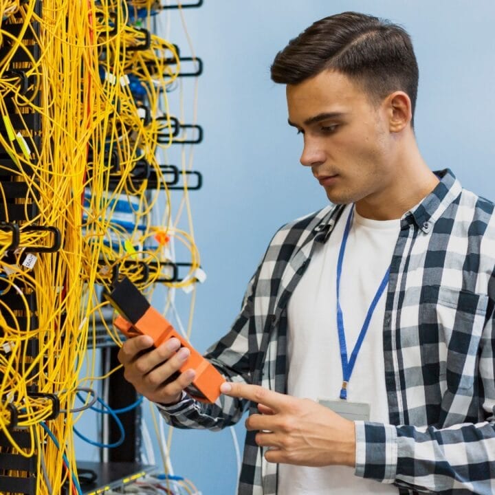 Young Man Looking Fiber Optic Tester Medium Shot 1