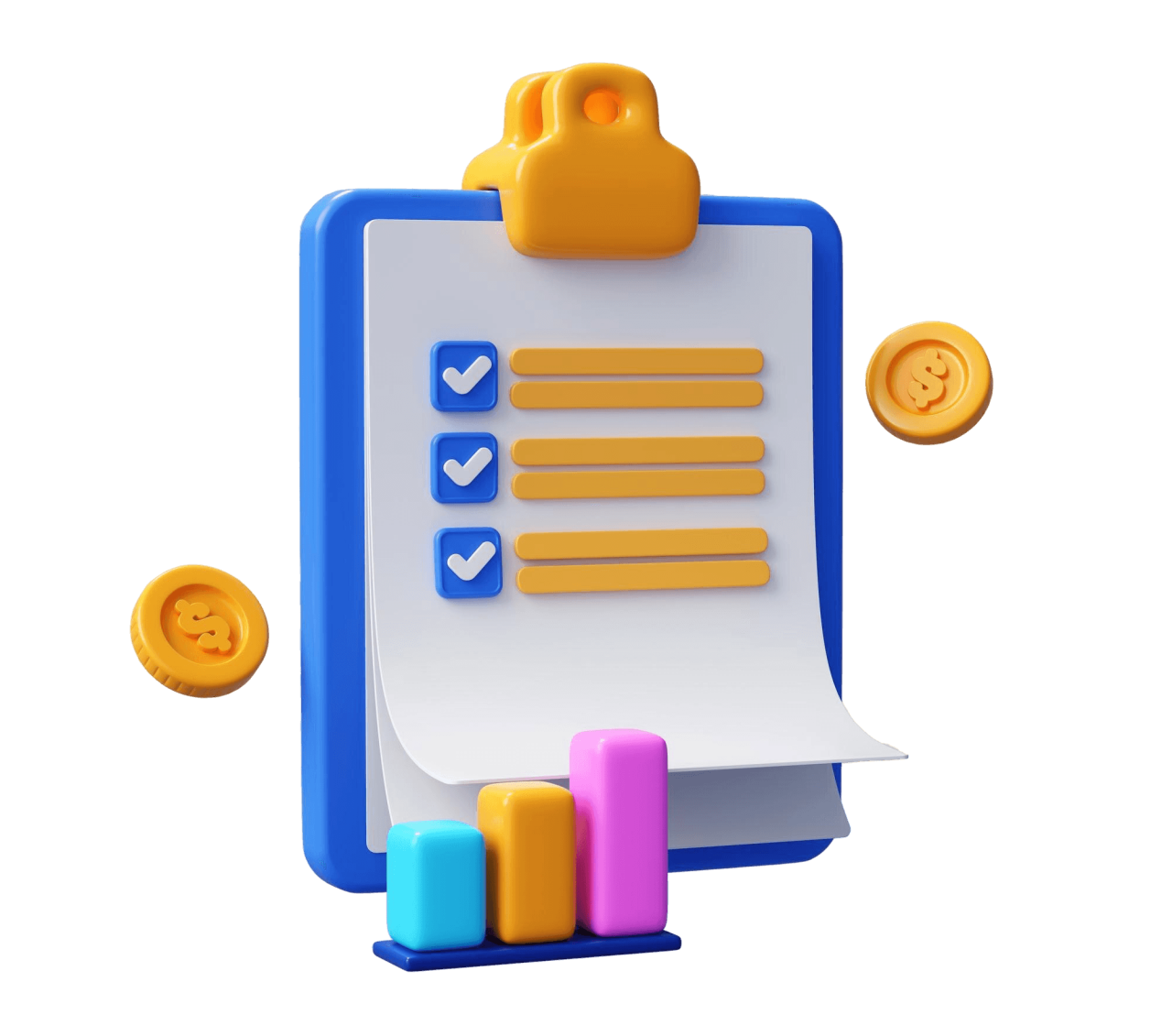 3D Clipboard With Checklist Bar Chart Coins