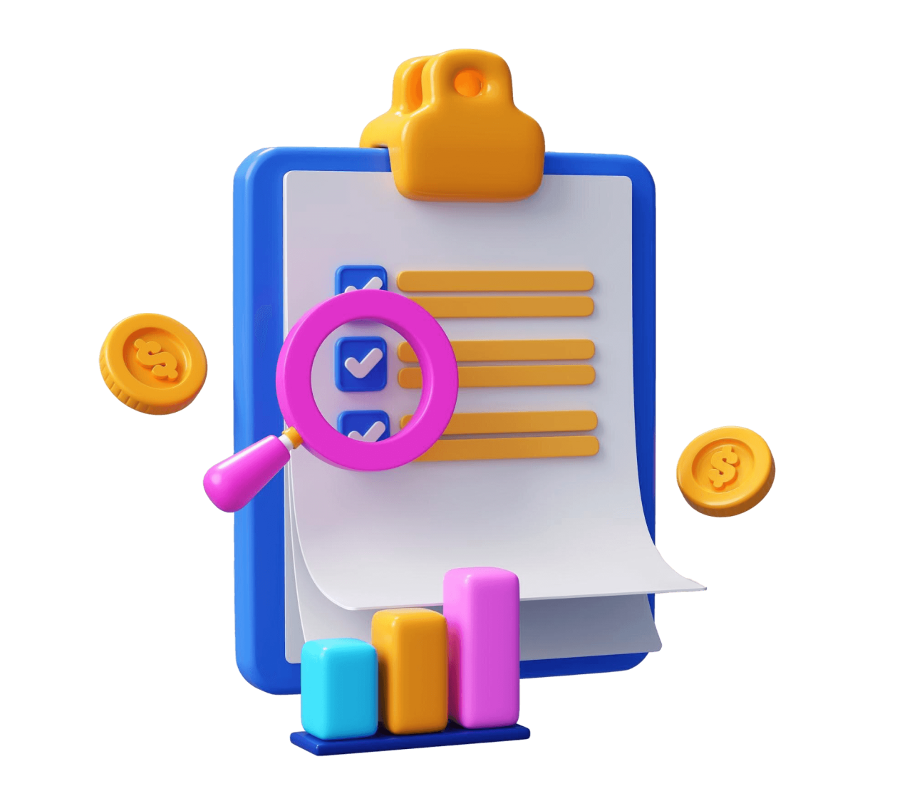 3D Clipboard With Checklist Magnifying Glass Coins