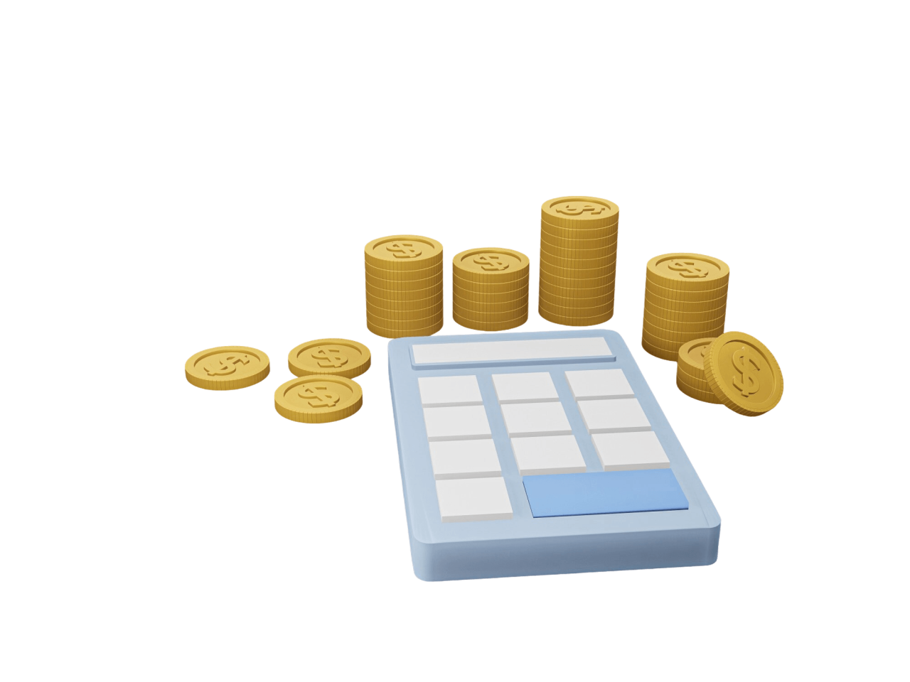 3D Render Blue Calculator Golden Coin Pink Floor