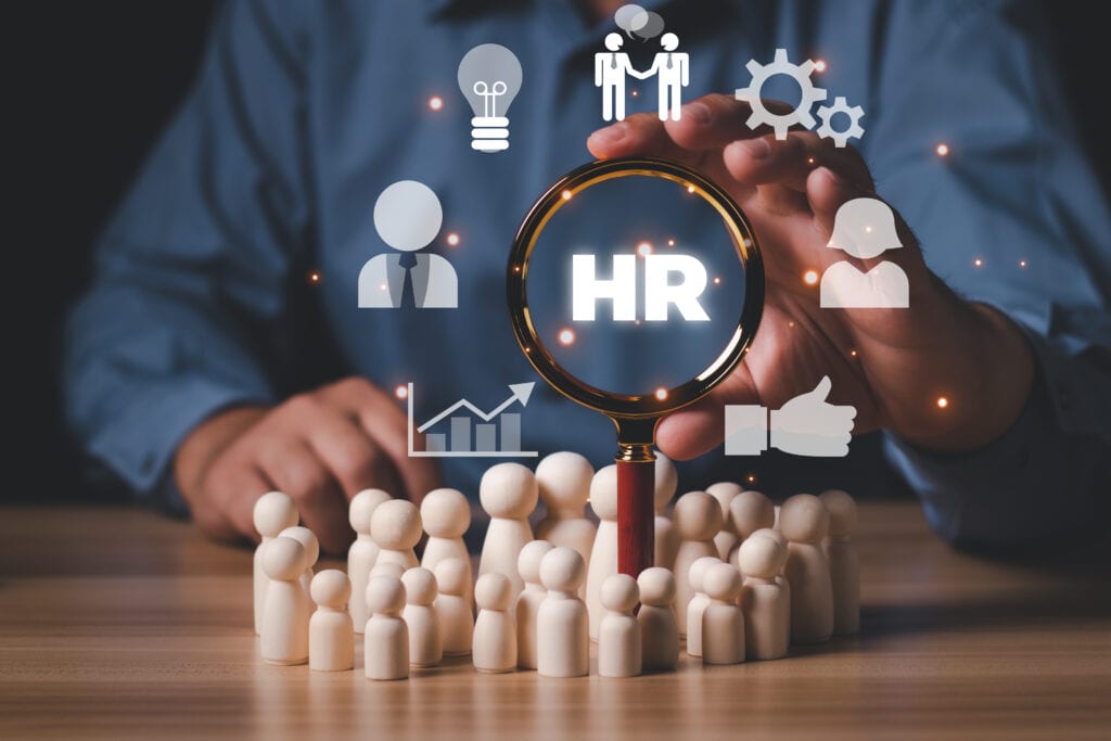 Businessman Holding Magnifier Glass Focus Manager Icon Which Is Staff Icons Human Development Recruitment Leadership Customer Target Group Concept Hrm Human Resource Management