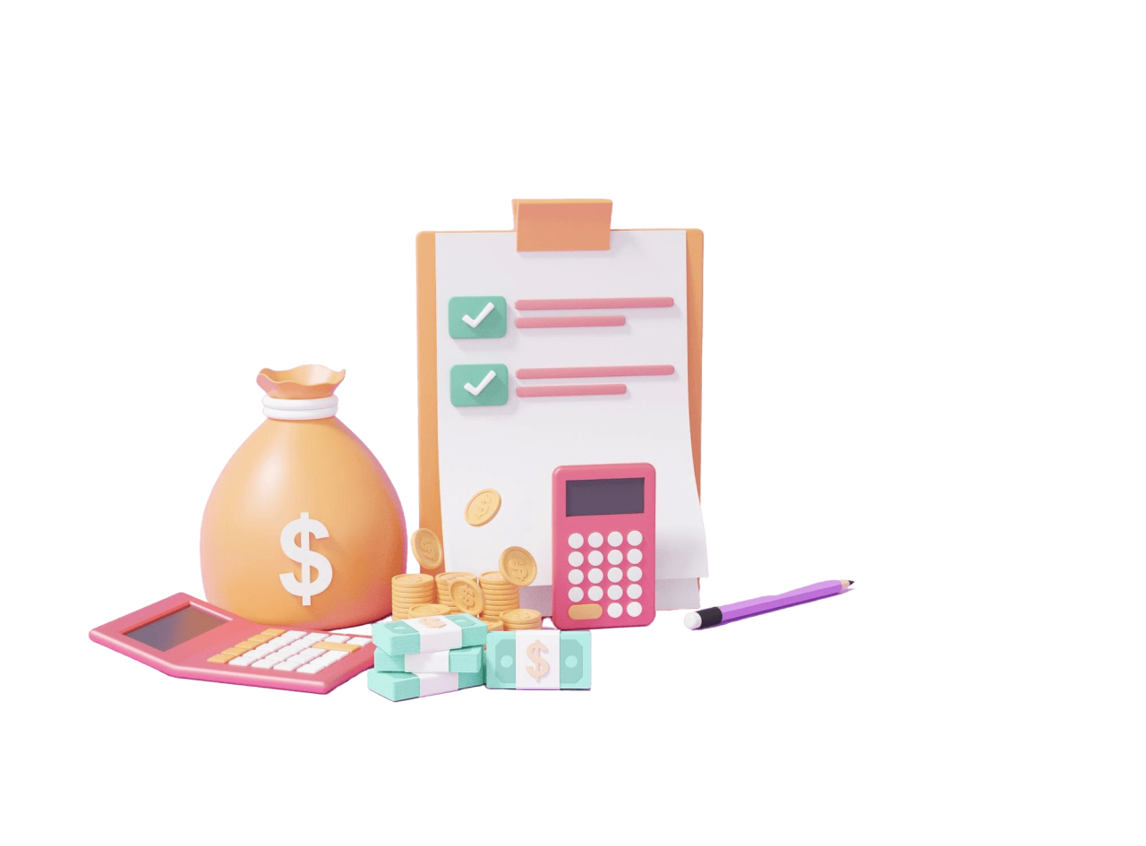 Checklist Clipboard Paper Financial Transactions Bill Money Transactions Shopping Concept Calculator Bags Money Purple Background 3D Rendering