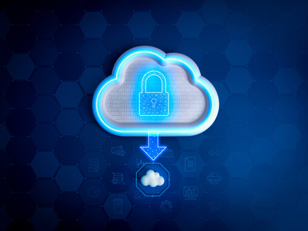 Cloud Computing Infrastructure Technology Data Storage Security Encryption Concept Digital Lock Icon With Binary Code Big Cloud Migrate Small With Information Symbols Blue Net Background