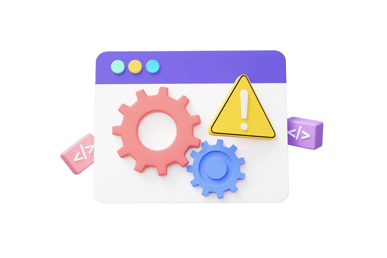 Coding Language Website Development Floating Purple Background Software Developer Concept Bug System Warning Symbol Web Uiux Design Program Data Minimal Cartoon Style 3D Render Illustration