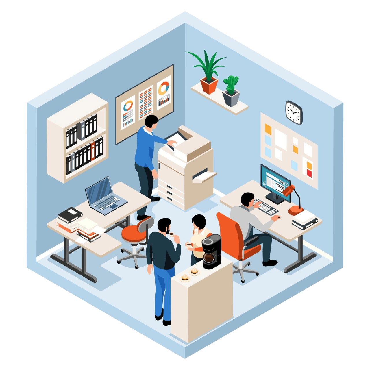 People Working Together Project Office Room Isometric Colored Object White Background Isolated Vector Illustration
